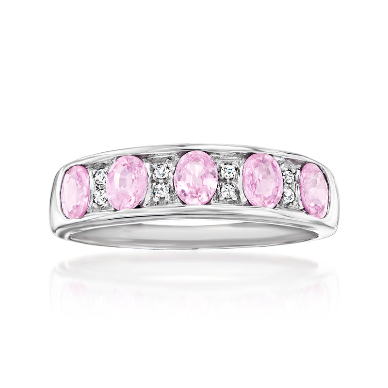 14kt white gold ring with five oval pink sapphires and small diamond accents