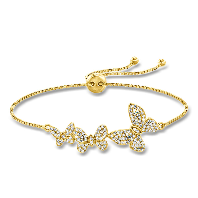 Gold bolo bracelet with CZ butterfly cluster and adjustable drawstring ends