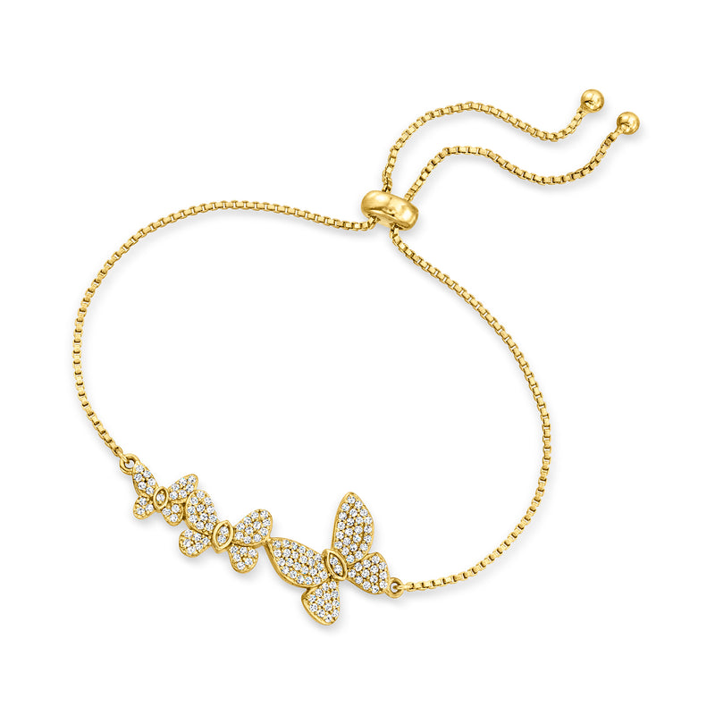 Gold bolo bracelet with CZ butterfly charms, adjustable slider cord and end beads