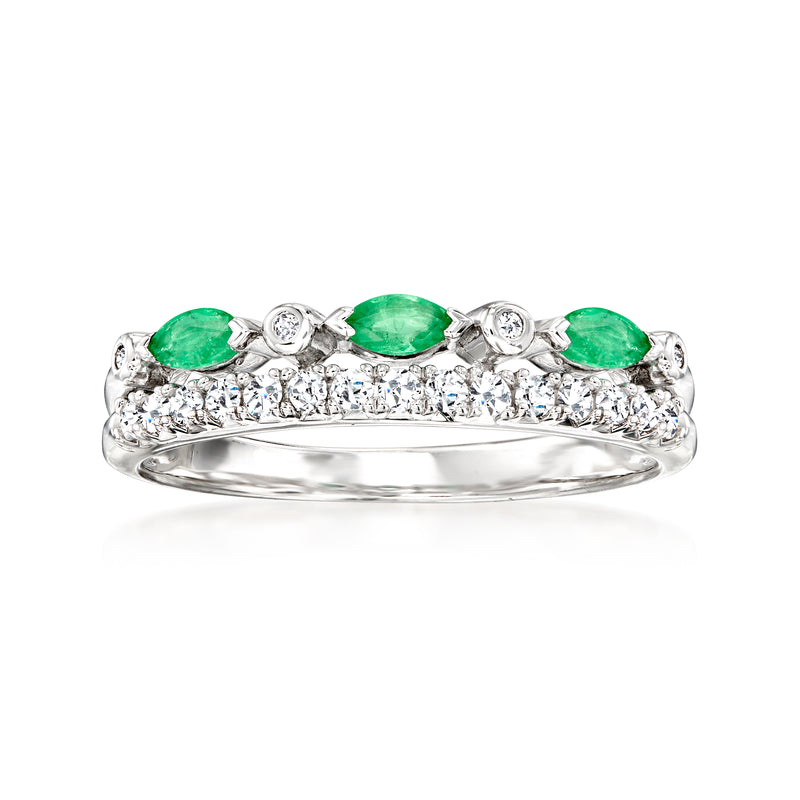 Sterling silver band ring with oval emerald-green stones and sparkling round diamonds