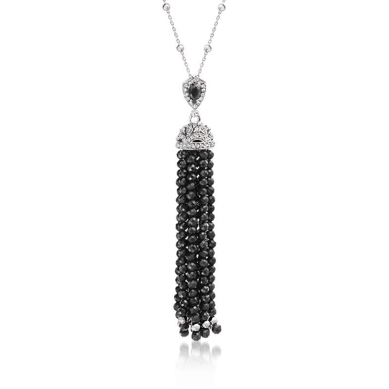 Sterling silver Y-necklace with black beaded tassel and gemstone drop pendant