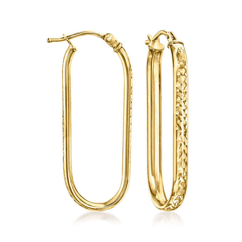 Elongated 14kt yellow gold hoop earrings with textured clasp back detail