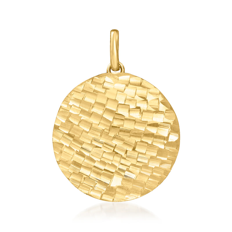 14kt yellow gold circular pendant with square-pattern texture and hanging loop