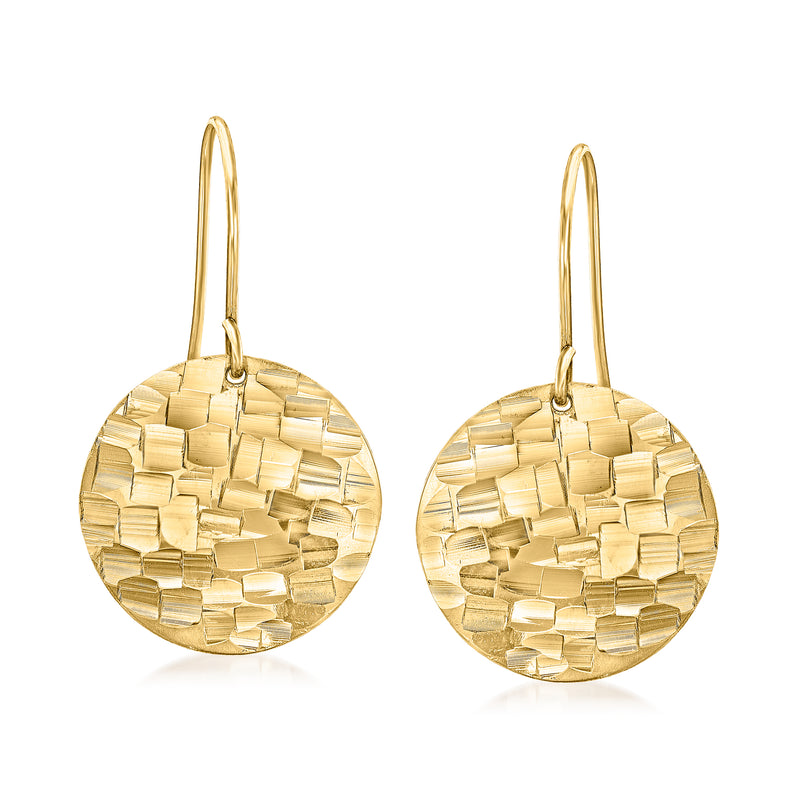14kt yellow gold drop earrings with textured square-pattern round discs