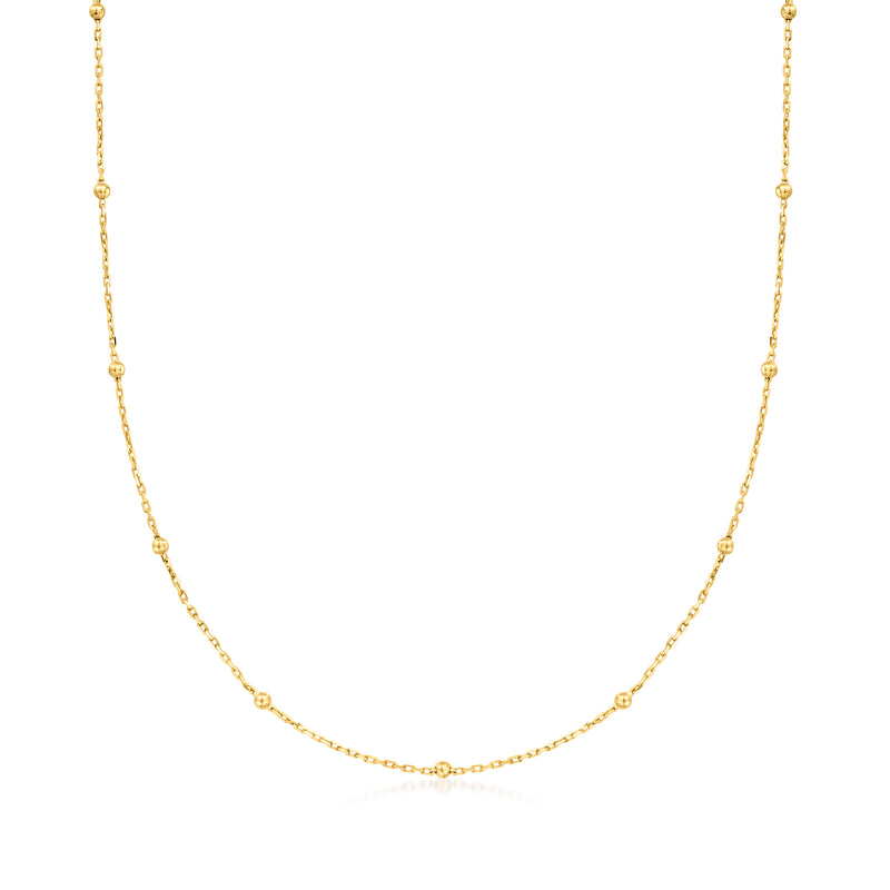 14kt yellow gold bead-station necklace with small round bead links, delicate chain
