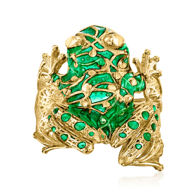 Gold frog ring with green enamel accents and detailed textured claws