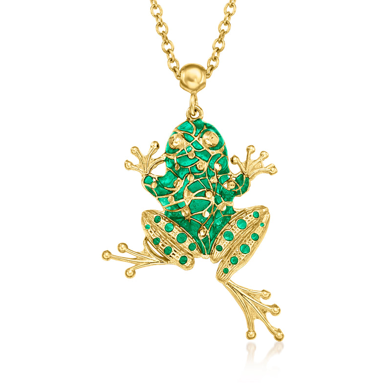 Green enamel frog pendant necklace with gold-tone chain and jump-ring clasp