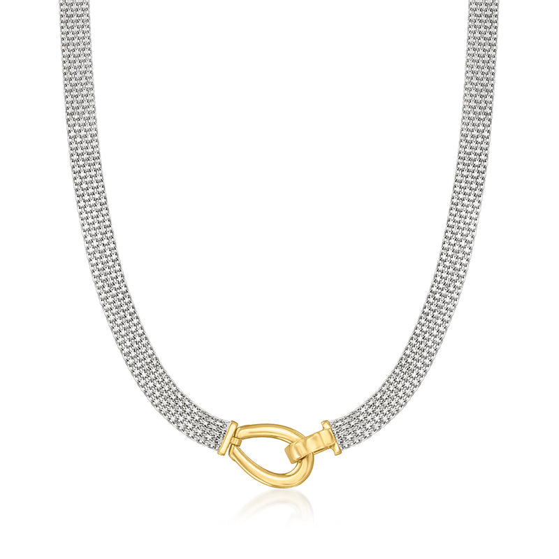Bismark-link necklace with silver-toned mesh chain and 18kt gold over clasp