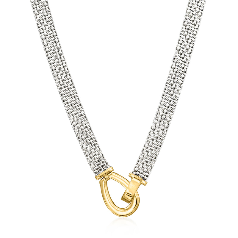 Silver mesh chain necklace with gold over clasp link, plain background view
