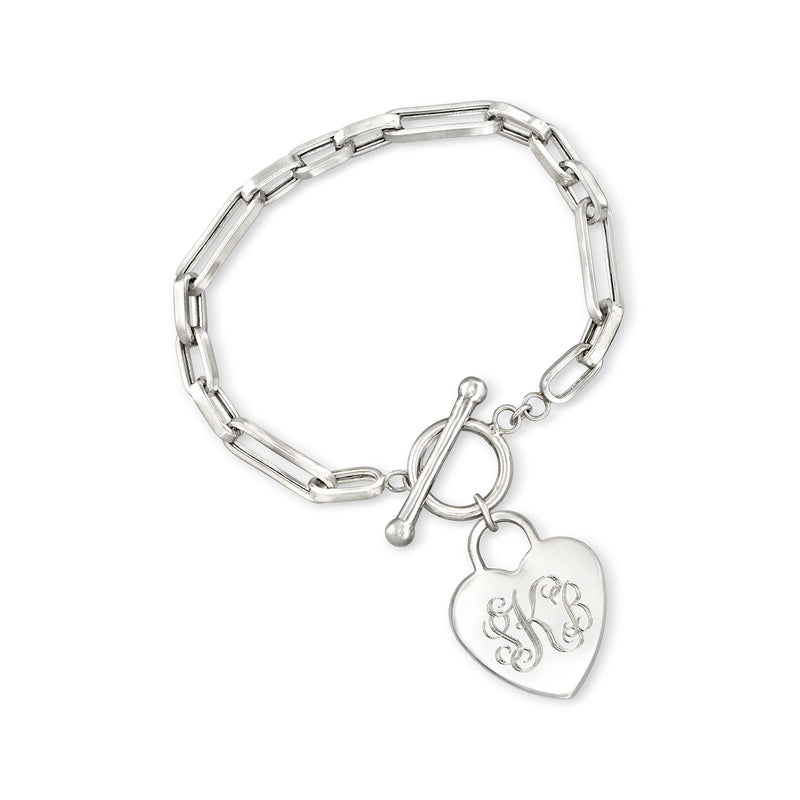 Sterling silver link toggle bracelet with engraved heart charm and small paperclip detail