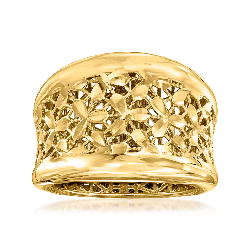 18kt gold over sterling dome ring with milgrain edge and floral openwork design