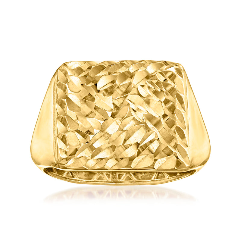 Gold-over-sterling ring with geometric patterned top and wide smooth band