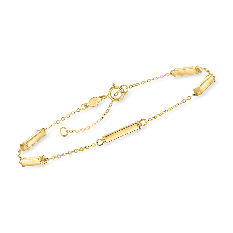 14kt yellow gold bar station bracelet with chain links and bar stations, lobster clasp