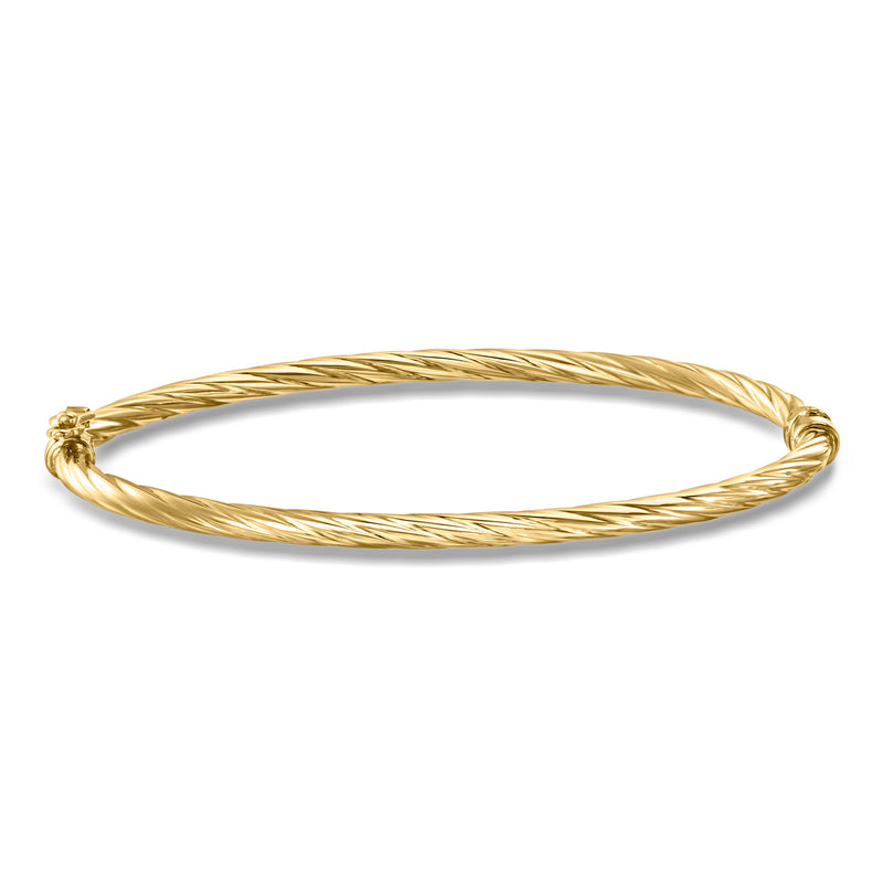 Twisted 14kt yellow gold bangle bracelet with rope texture and clasp detail