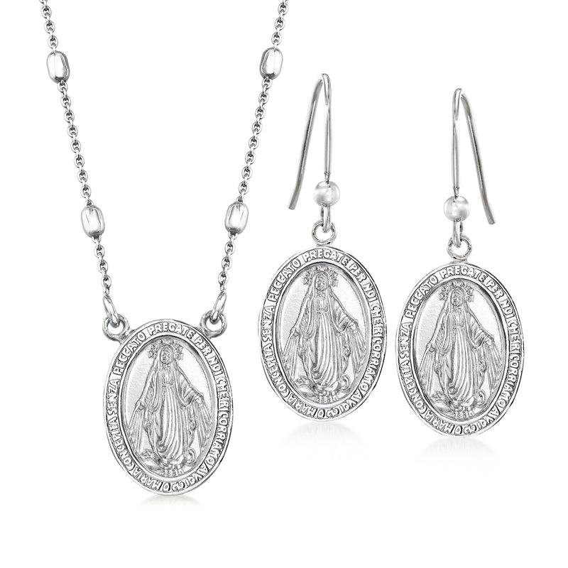 Sterling silver Miraculous Mary medal necklace and drop earring set, oval medallions