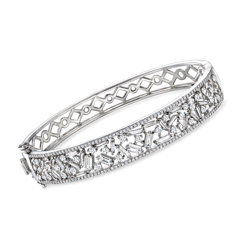 14kt white gold diamond bangle with baguette and round stones, lattice top