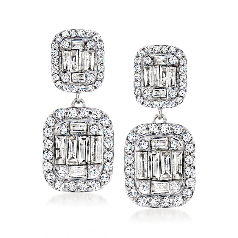 Sterling silver diamond cluster drop earrings with baguette and round stones