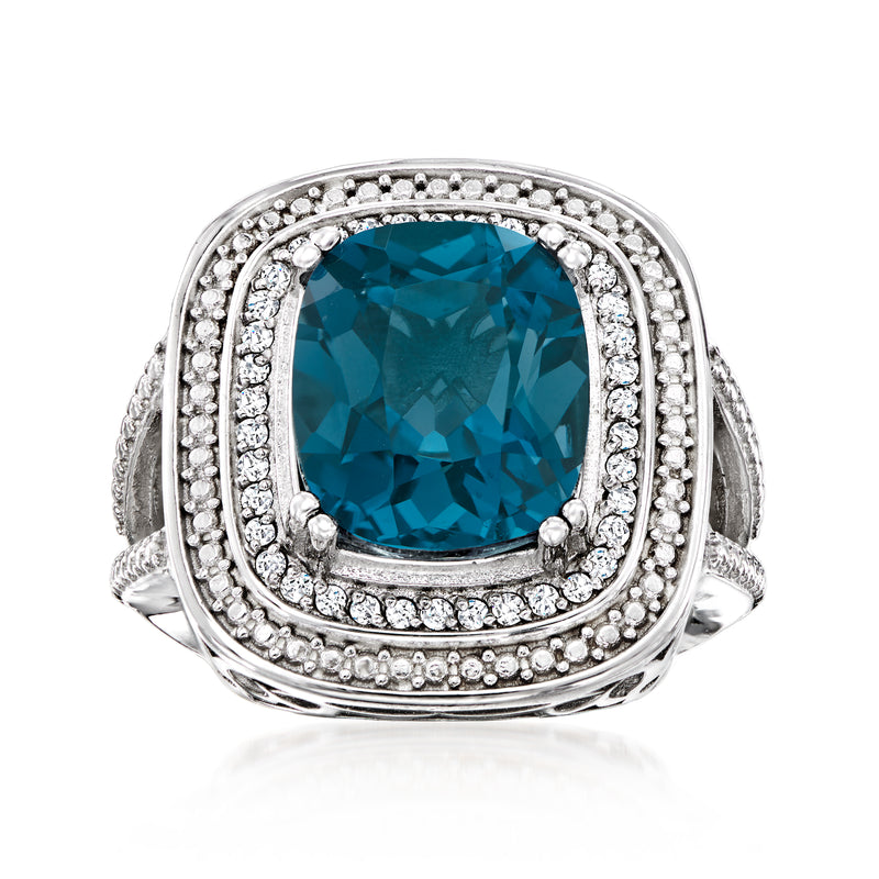 Sterling silver ring with cushion-cut London blue topaz and diamond halo