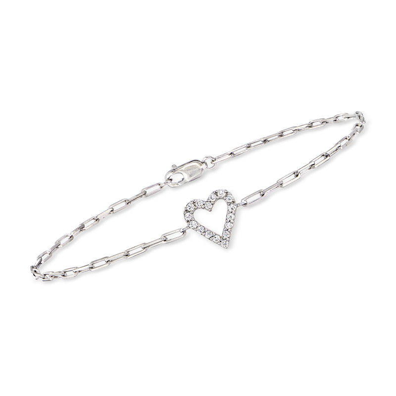 Sterling silver paper-clip link bracelet with diamond heart charm, .15 ct T.W.