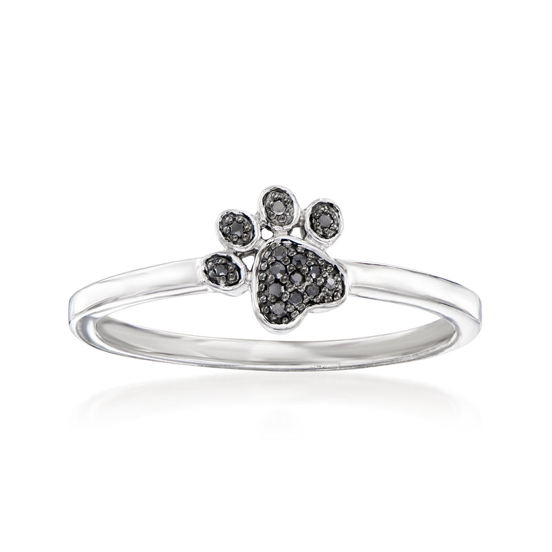 Black Diamond paw print ring in sterling silver, dark stone paw center