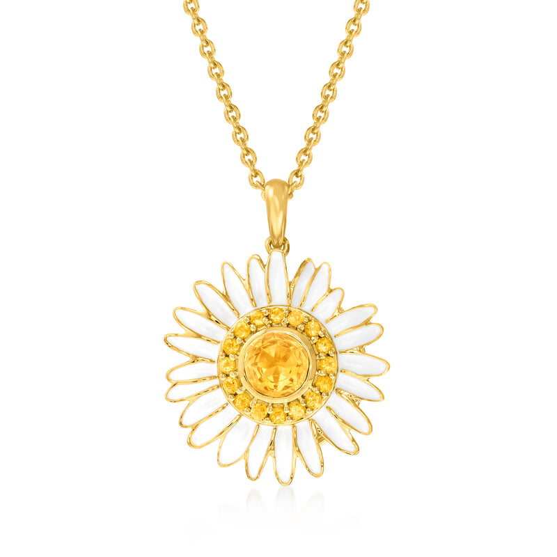 Gold daisy pendant necklace with round citrine center and white enamel petals