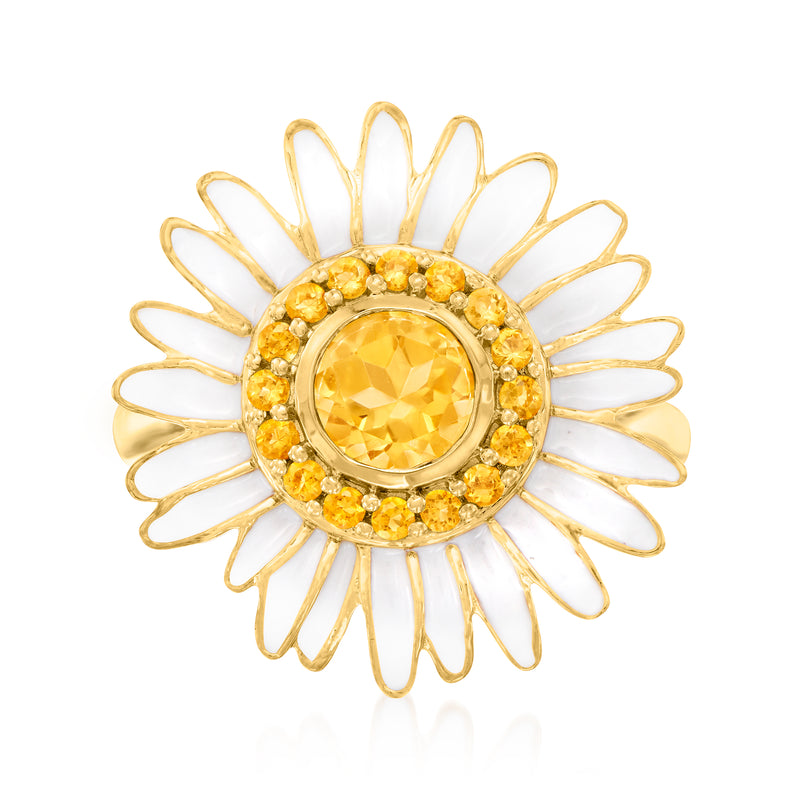 18kt gold daisy ring with citrine center stone, white enamel petals, halo of yellow gems