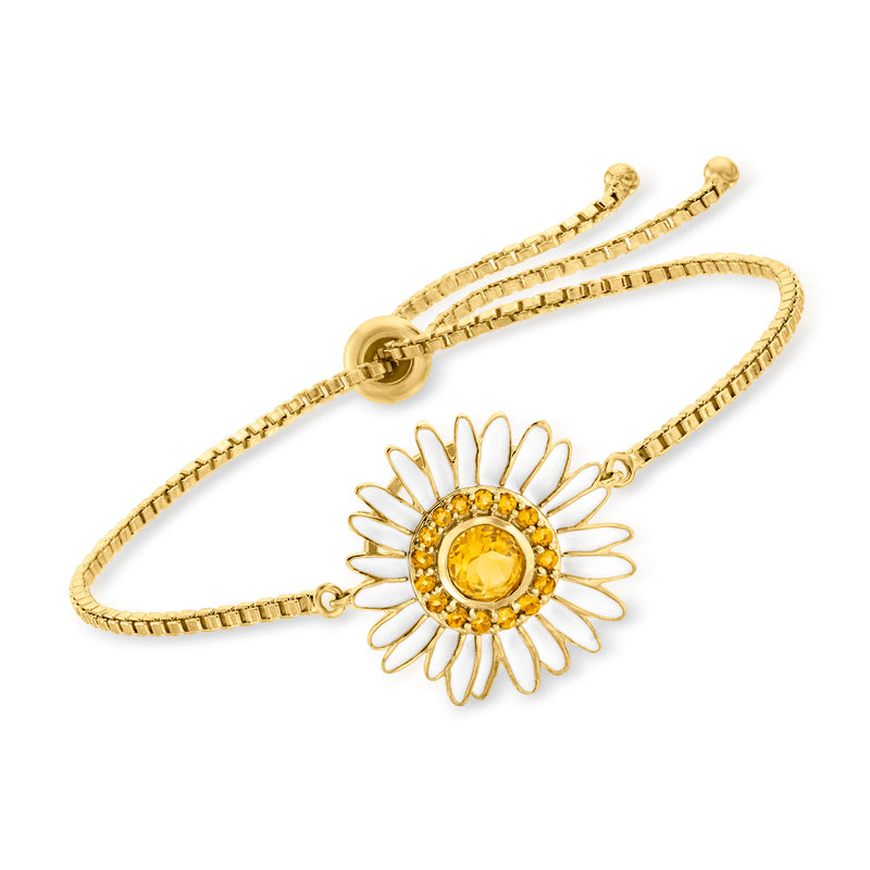 Gold bolo bracelet with daisy charm, yellow citrine center and white enamel petals