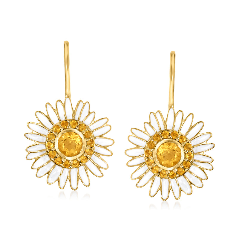 Gold daisy drop earrings: yellow citrine center, white enamel petal detail, leverback