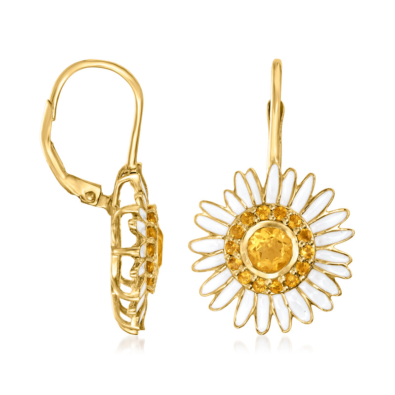 Gold daisy drop earrings with yellow citrine center, white enamel petals, leverback clasp