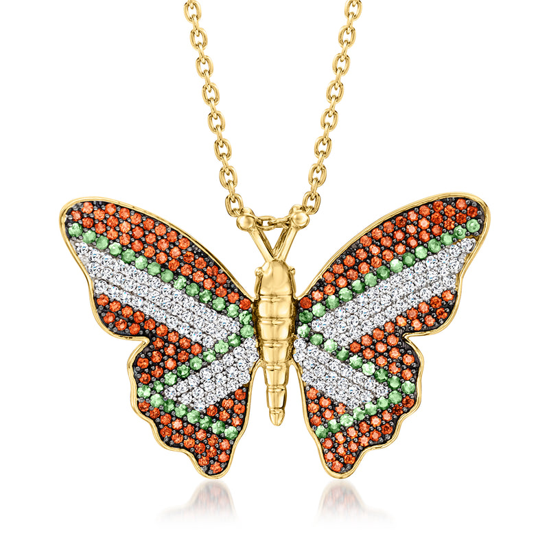 Gold butterfly pendant necklace with orange green and white gemstone mosaic wings