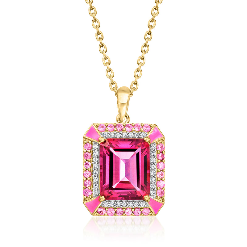 18kt gold over sterling pendant necklace with pink gemstone halo and side diamonds