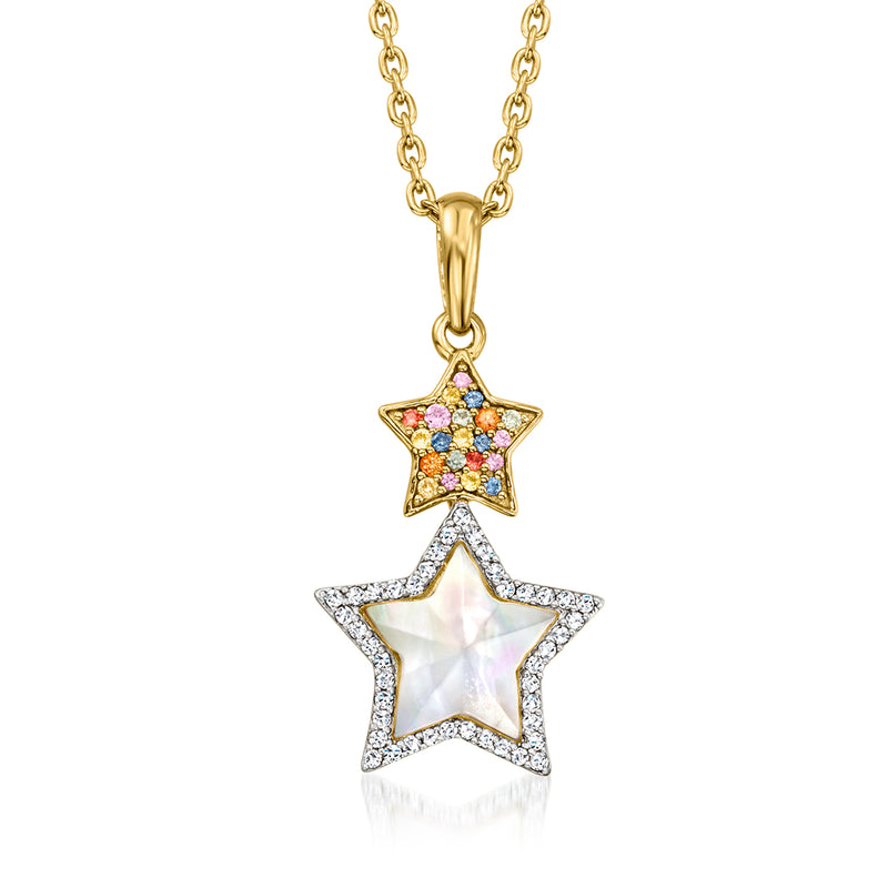18kt gold over sterling star pendant necklace with mother-of-pearl double stars