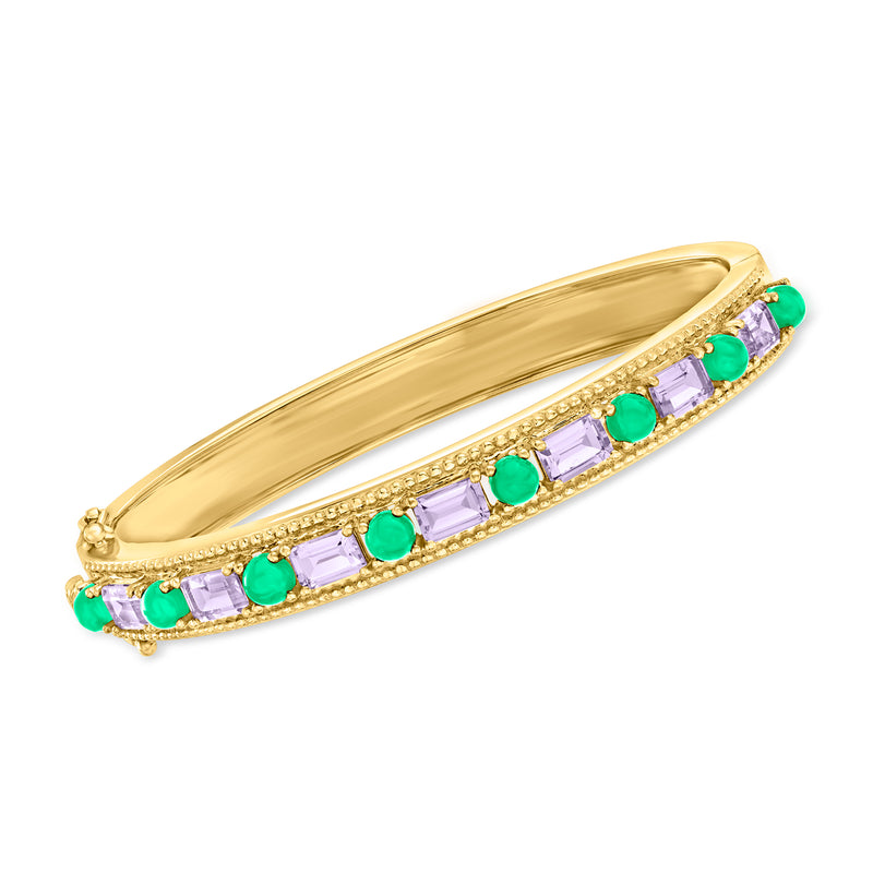 18kt gold over sterling bangle bracelet with green oval stones and purple amethyst bars