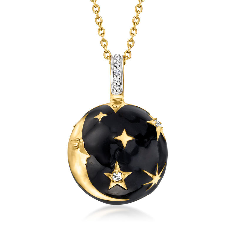 Gold over sterling pendant necklace with black enamel moon and star charm, gold star accents