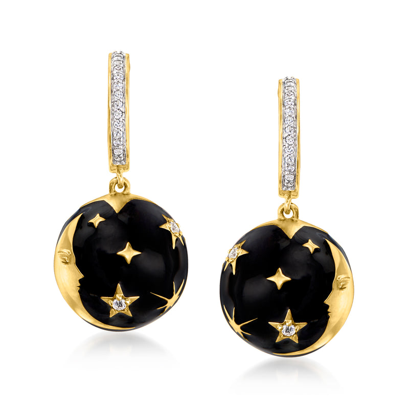 Celestial ball drop earrings with black enamel sphere and gold star accents, gold hoops
