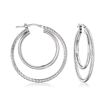 Italian Sterling Silver Double-Hoop Earrings. 1 3/8"