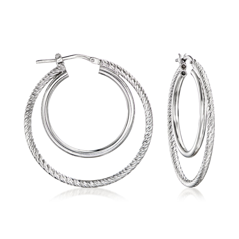 Sterling silver double hoop earrings: textured outer ring, smooth inner hoop