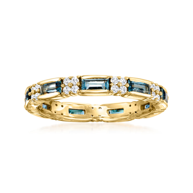 18kt gold eternity band with blue topaz baguette stones and white zircon accents