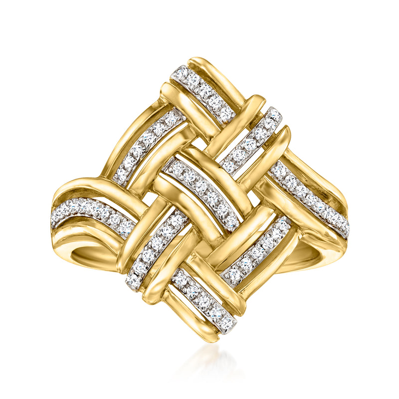 Gold woven square ring with diamond-look channel bands, side view