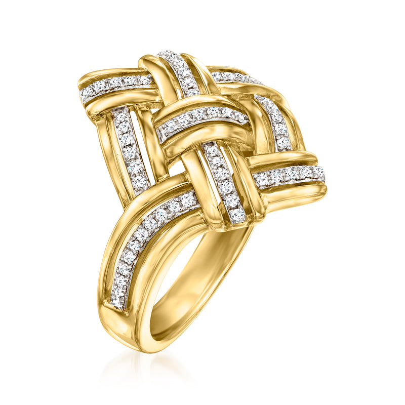 Gold woven square ring with diamond-look bands, angled close-up