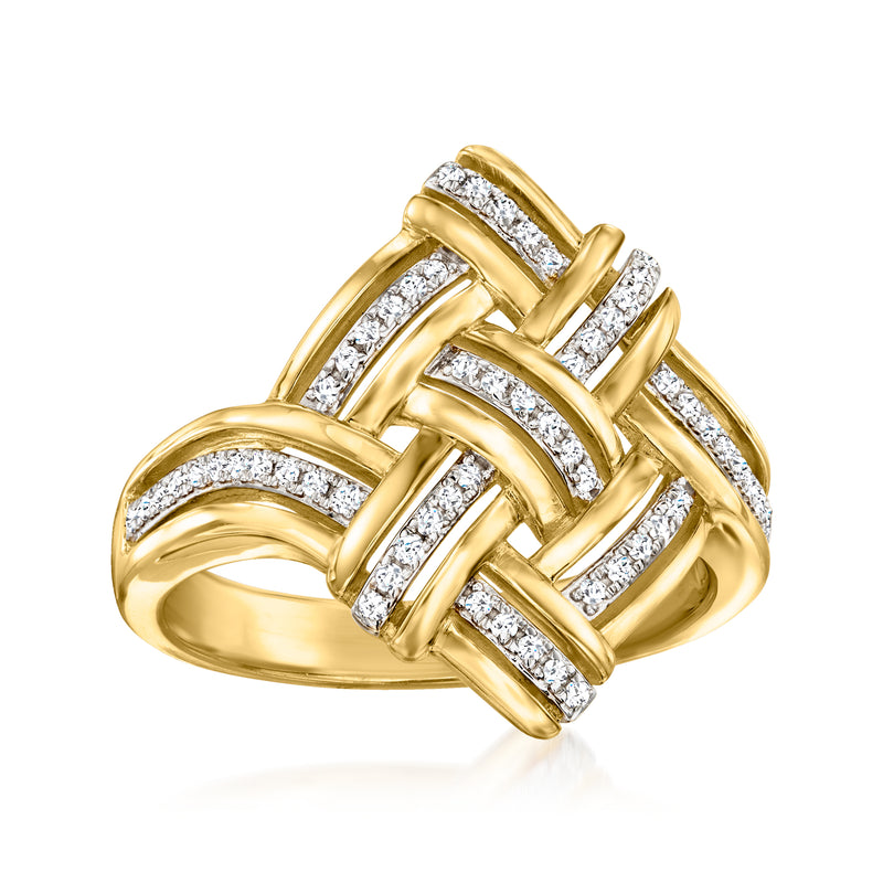 Gold woven square ring with diamond-look square bands, 18kt gold over sterling