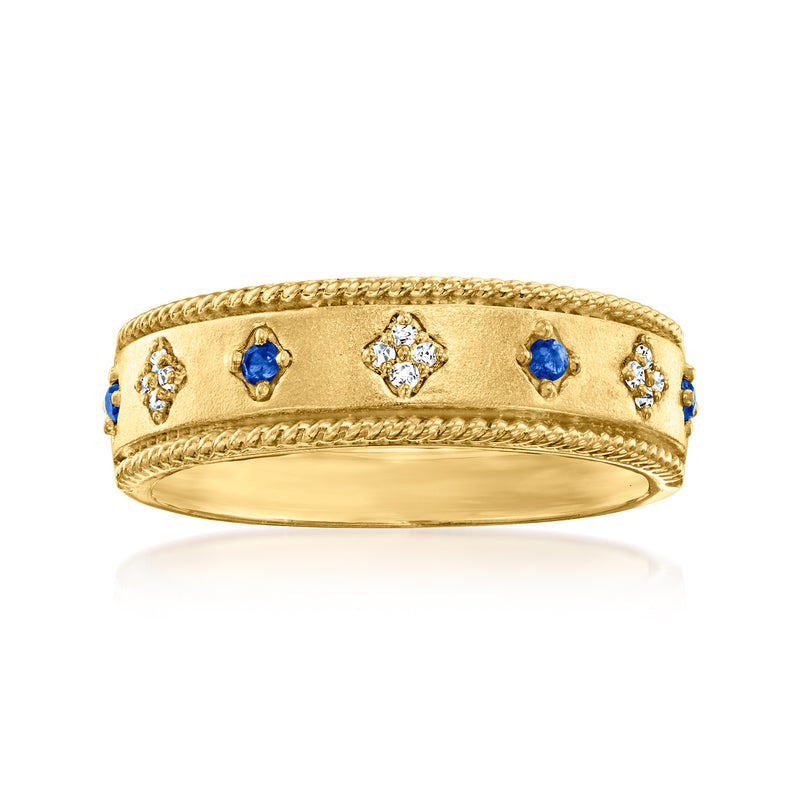 Gold rope-edge ring with blue sapphire and small diamond accents