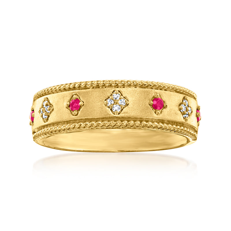 Rope-edge 18kt gold ring with ruby and diamond accents along the band