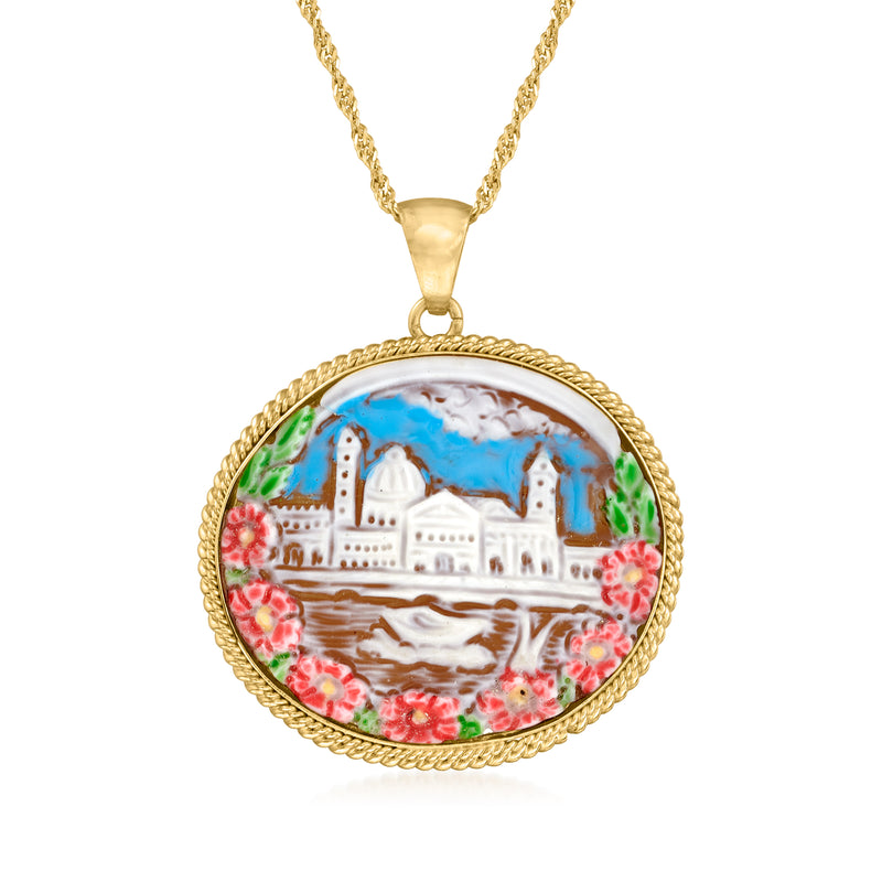 Round gold pendant necklace with multicolored enamel cameo scene in ornate frame