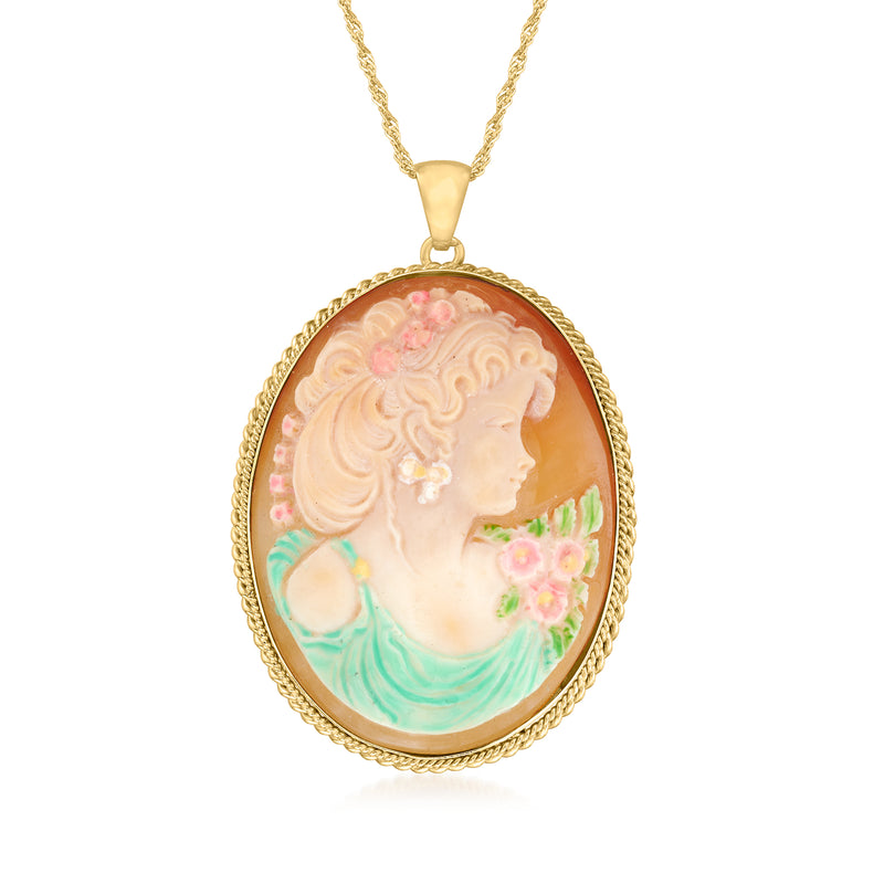 Oval cameo pendant necklace, orange shell portrait with multicolored enamel, gold-tone frame