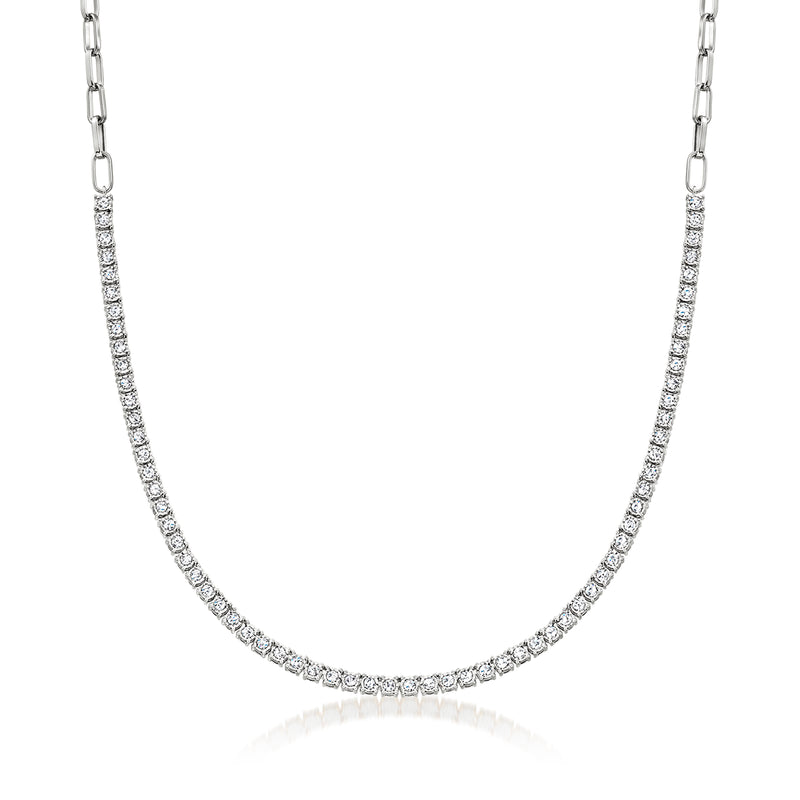 Sterling silver diamond tennis paper clip link necklace, pave stone curved collar