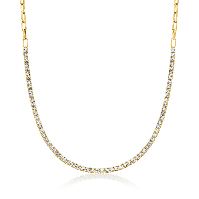 Gold over sterling diamond tennis paper-clip link necklace with round-cut stones