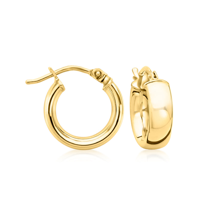 14kt yellow gold huggie hoop earrings, hinged clasp, polished finish