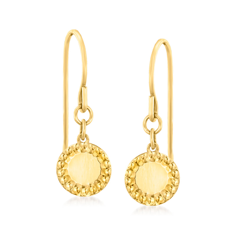 Yellow 14kt gold textured disc drop earrings with polished center, on earwire hooks