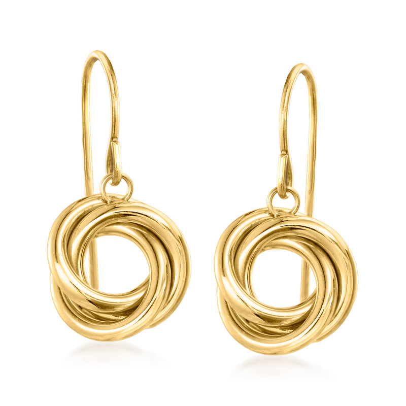 14kt yellow gold twisted knot drop earrings with double-loop circular design and hook earwire